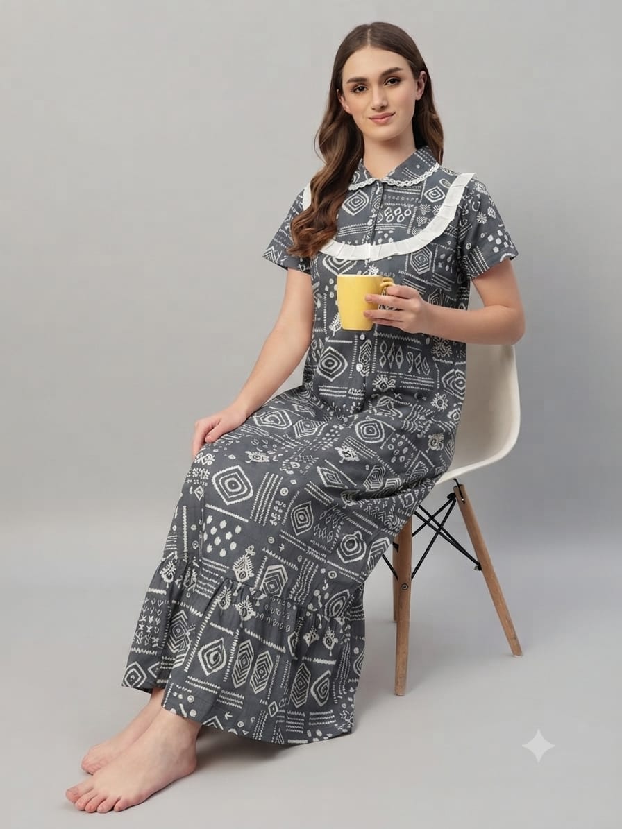 Elegant Grey abstract Cotton Nightdress with Frill Yoke – Soft & Breathable Sleepwear