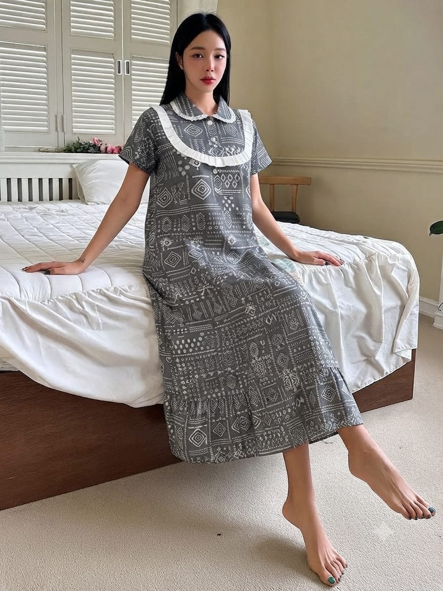 Elegant Grey abstract Cotton Nightdress with Frill Yoke – Soft & Breathable Sleepwear