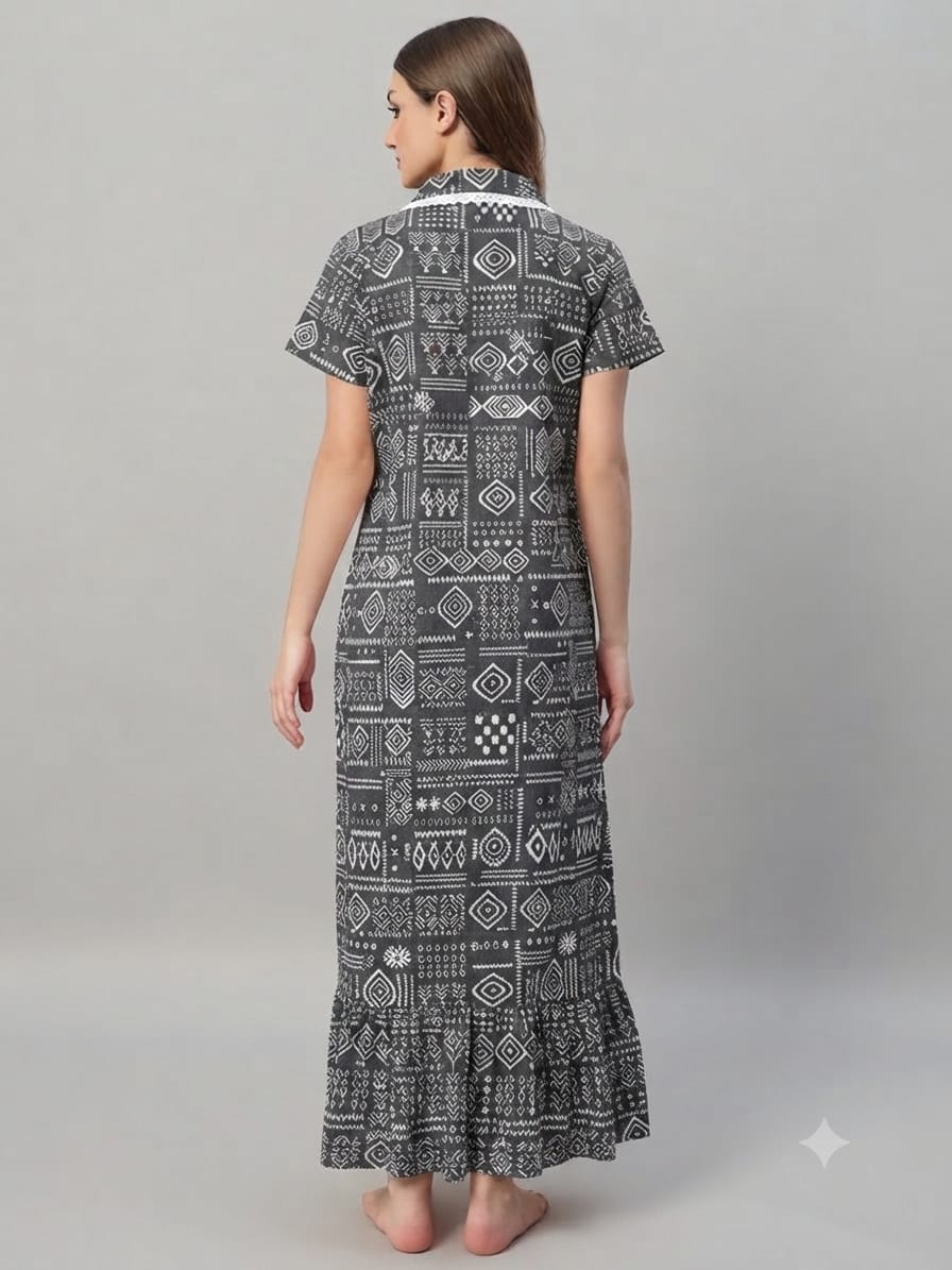 Elegant Grey abstract Cotton Nightdress with Frill Yoke – Soft & Breathable Sleepwear