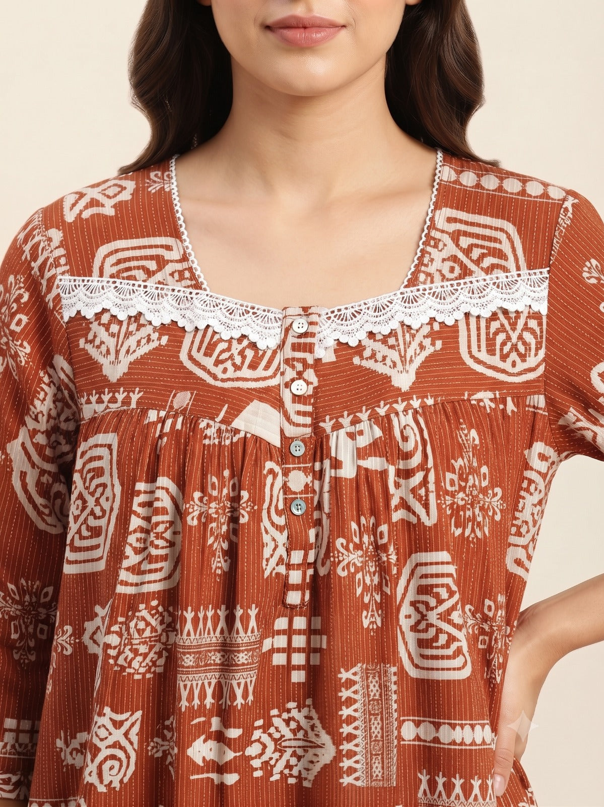 Sephani Orange Printed Long Nightgown for Women | Full Sleeve Flared Nightdress