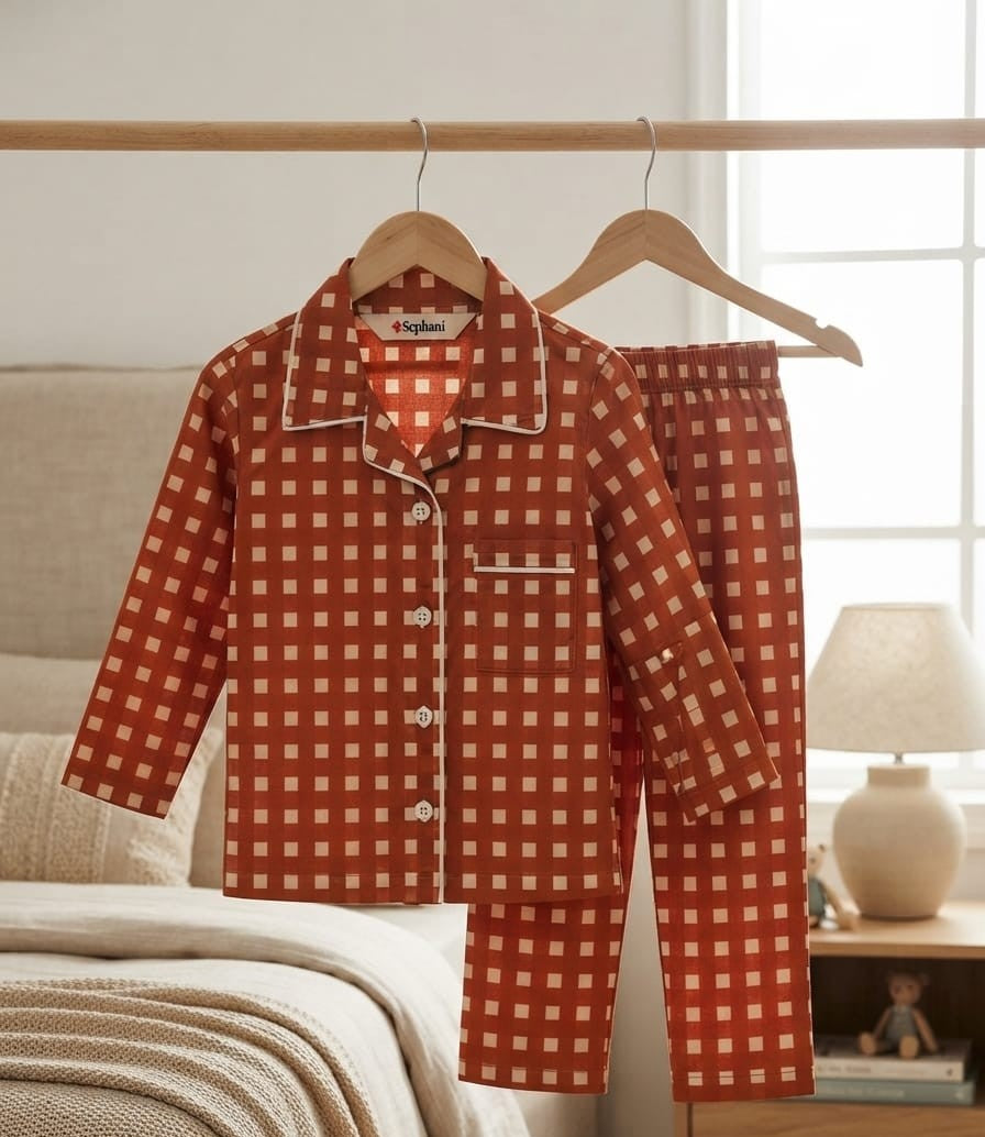 A two-piece pajama set hanging on wooden hangers from a clothing rack, featuring a rust-orange and cream gingham pattern with white piping. The set includes a long-sleeve button-up top and matching pants, styled in a bedroom setting with a bed, lamp, and window in the background.