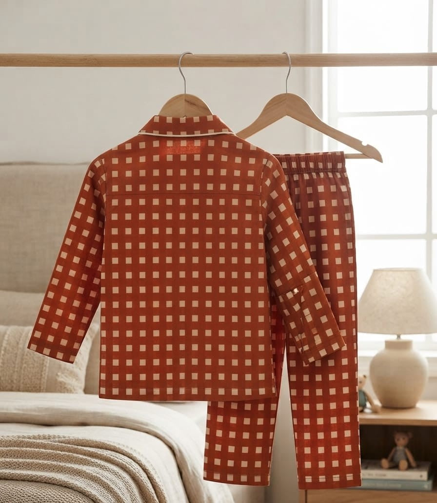 A two-piece pajama set with a rust-orange and cream gingham pattern, hanging on wooden hangers from a clothing rack in a bedroom setting.