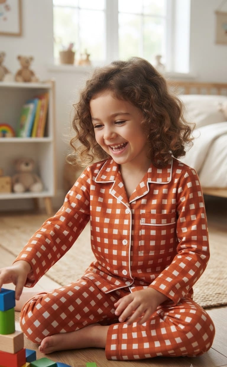 A young girl with curly brown hair sits on a wooden floor in a bright children's bedroom, smiling and playing with colorful blocks. She is wearing a rust-orange and white gingham check long-sleeve pajama set with white piping.