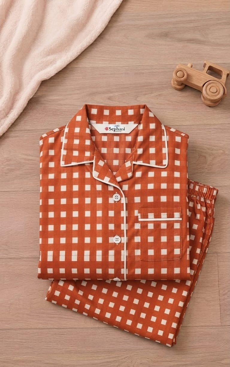 An orange and white gingham check pajama set, consisting of a long-sleeve button-up shirt and matching pants, neatly folded on a light wood floor next to a wooden toy car and a soft cream blanket.