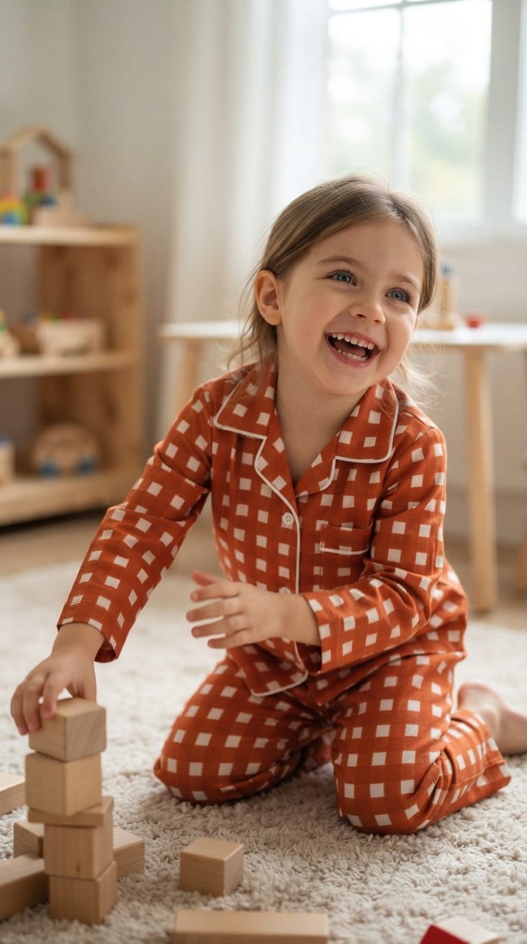 A young girl smiling and laughing while kneeling on a white carpet in a child's room, wearing a rust-orange and white checkered pajama set and playing with wooden blocks.