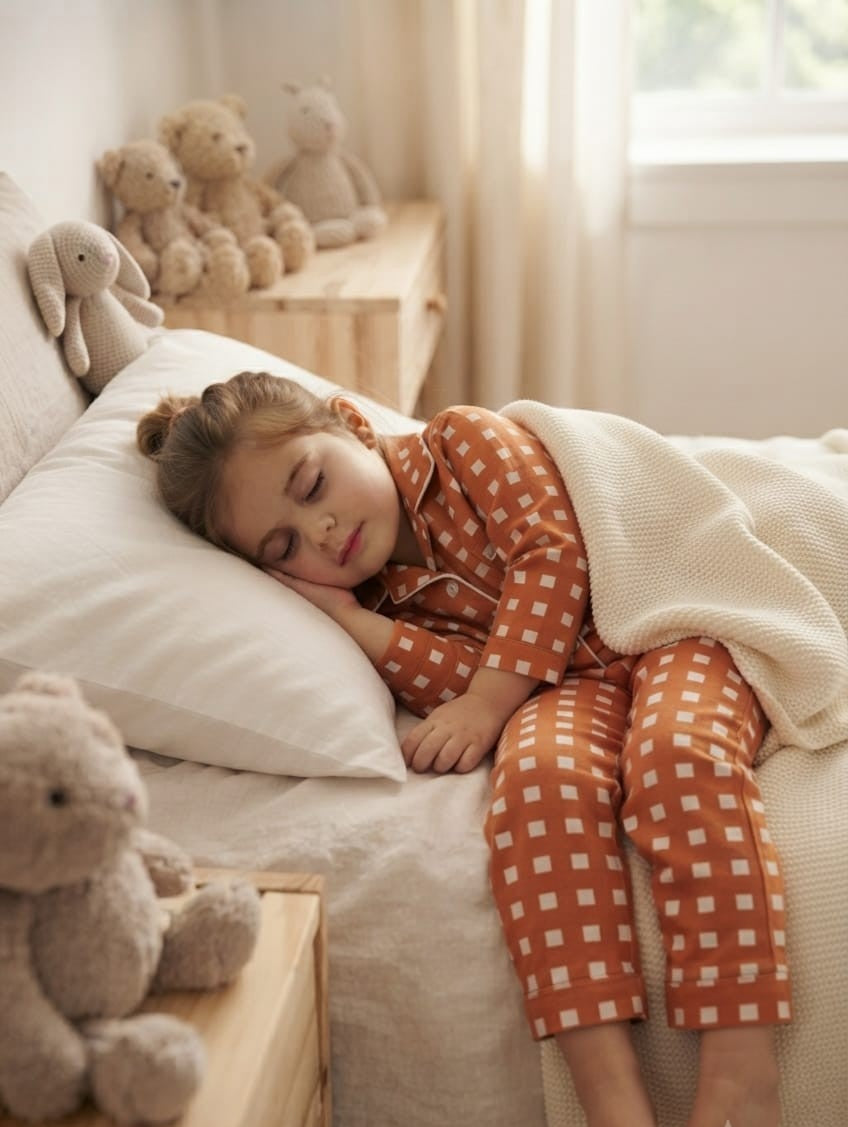 A young child sleeping soundly on a bed wearing a rust-orange and white checkered pajama set, with a soft cream blanket covering them. The bedroom is decorated with plush teddy bears on wooden bedside tables, and a bright window with sheer curtains is visible in the background.