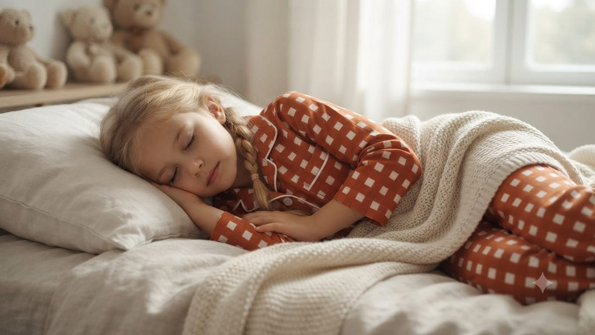 A young girl with a braided ponytail sleeps soundly on a bed, wearing rust-orange and white checkered pajamas and covered with a cream knit blanket. The background shows a softly lit bedroom with teddy bears on a shelf.