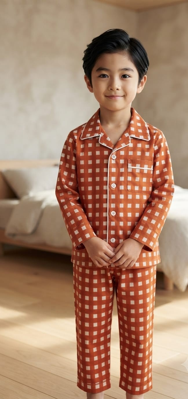 A young boy wearing a two-piece orange and white gingham check pajama set, standing in a softly lit bedroom with a bed and wooden floor in the background.