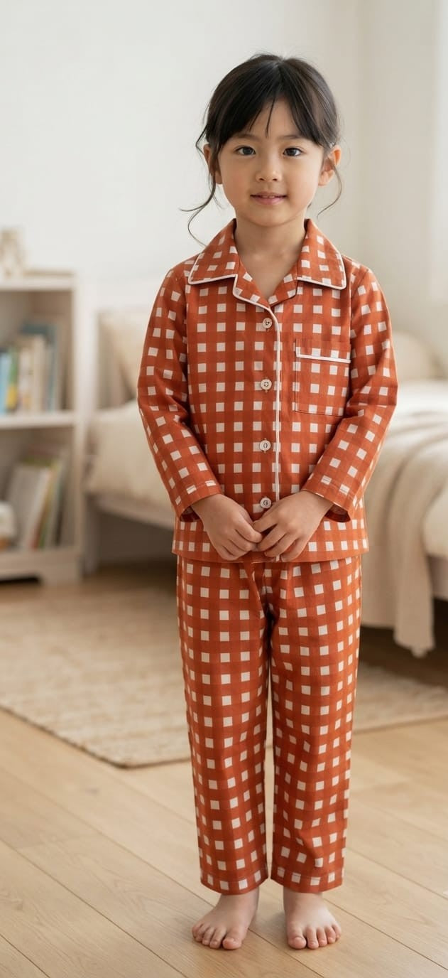 A young girl stands barefoot in a bedroom wearing a long-sleeve pajama set with a rust-orange and white gingham check pattern.
