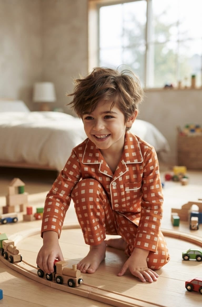 A young boy smiling while playing with a wooden train on a wooden floor in a brightly lit child's bedroom. He is wearing a rust-orange and white gingham check pajama set.