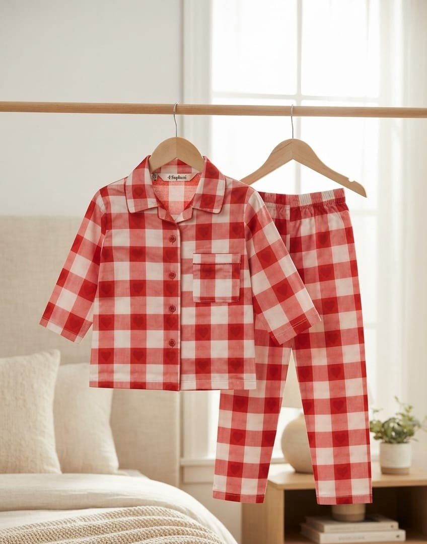 Sephani Girls Red & White Checkered Printed Night Suit Set | Full Sleeve Pajama Set