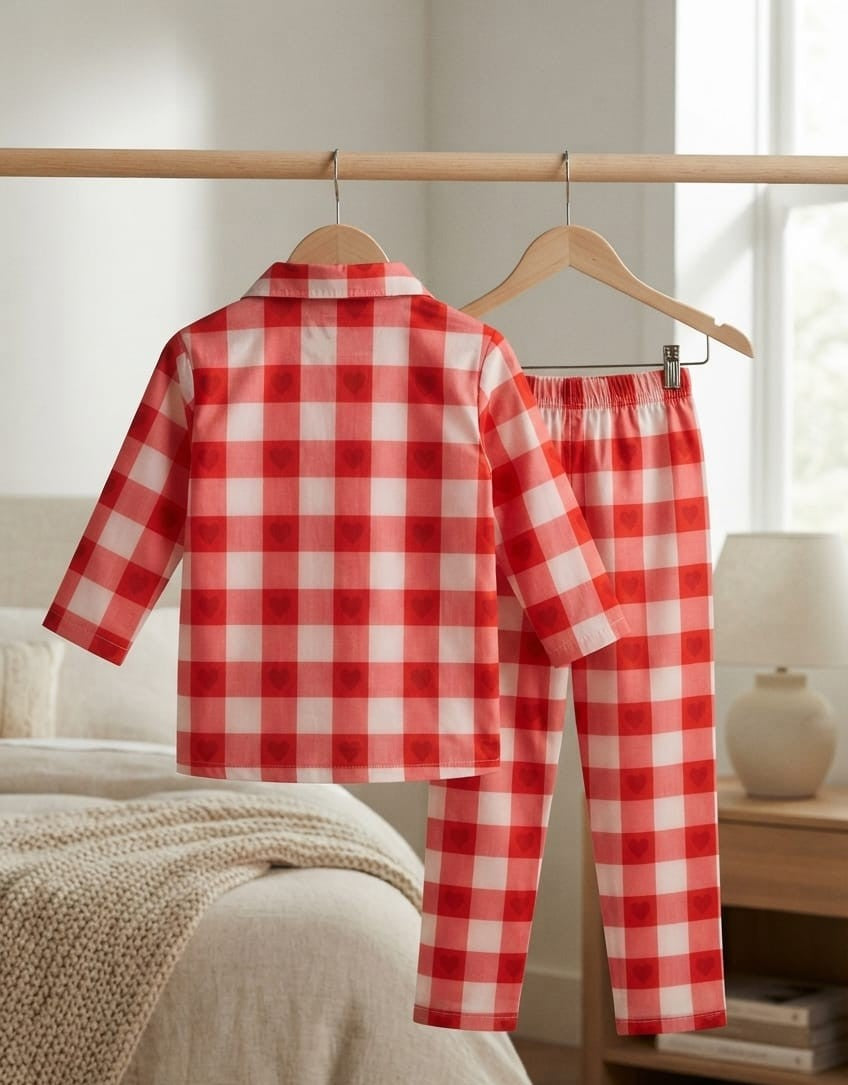 Sephani Girls Red & White Checkered Printed Night Suit Set | Full Sleeve Pajama Set