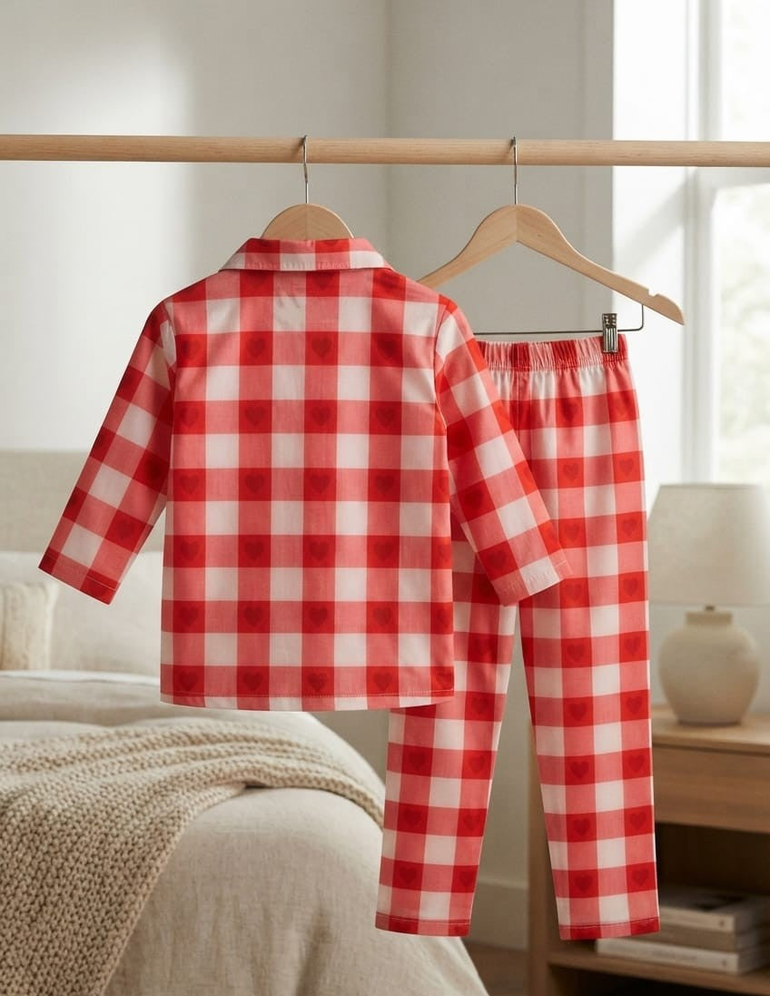 A two-piece children's pajama set with a red and white buffalo check pattern, hanging on wooden hangers from a clothing rack in a softly lit bedroom setting.