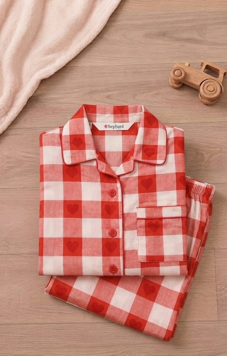 Sephani Girls Red & White Checkered Printed Night Suit Set | Full Sleeve Pajama Set