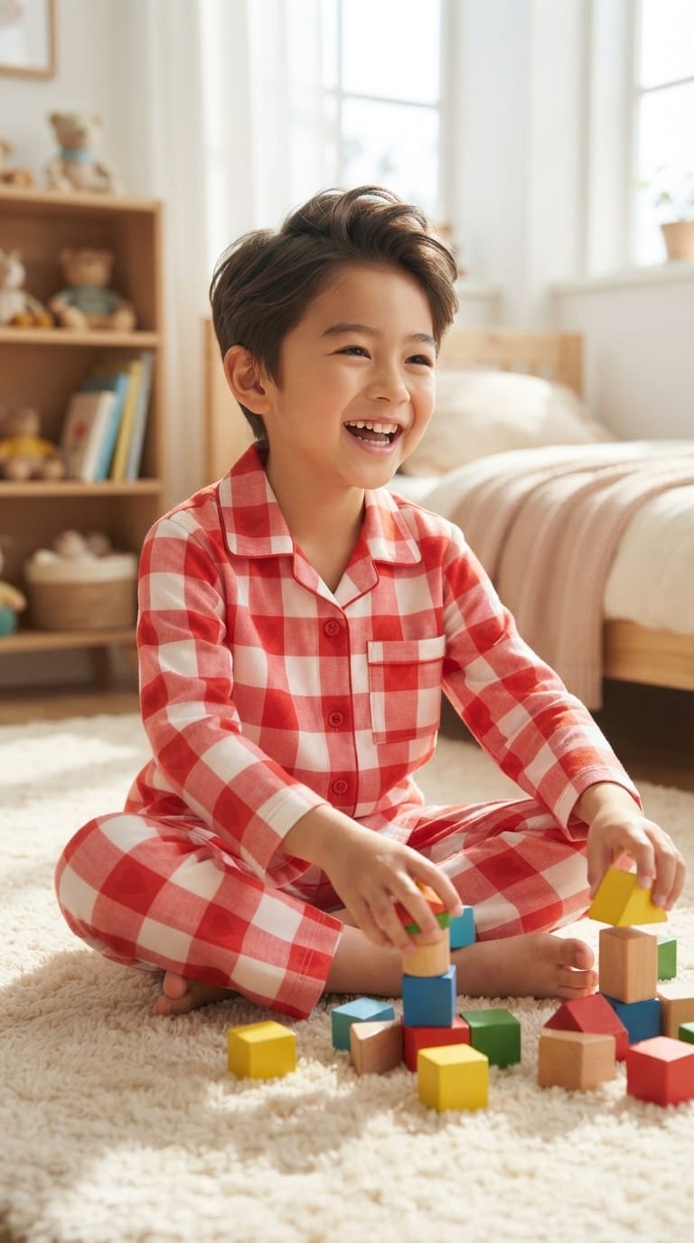 A young boy smiling while sitting on a white rug in a child's bedroom, wearing red and white checkered pajamas and playing with colorful building blocks.