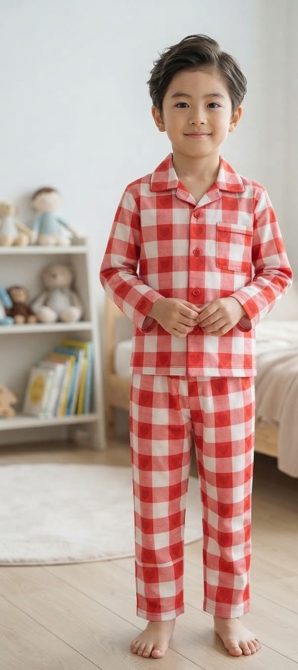 A young boy wearing a red and white checkered pajama set stands barefoot in a brightly lit child's bedroom. The set includes a long-sleeve button-up top and matching pants.