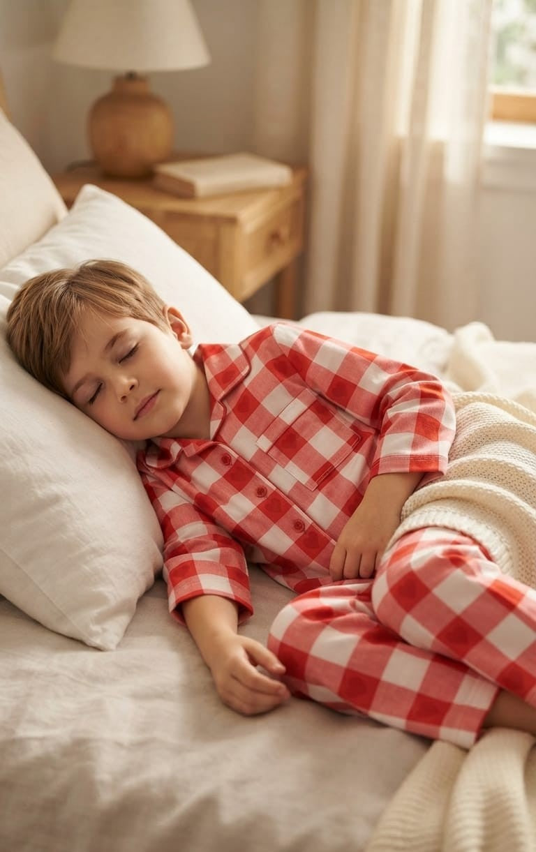 A young boy sleeping soundly on a bed wearing a red and white gingham check pajama set, with a soft cream blanket covering him in a warm, softly lit bedroom.