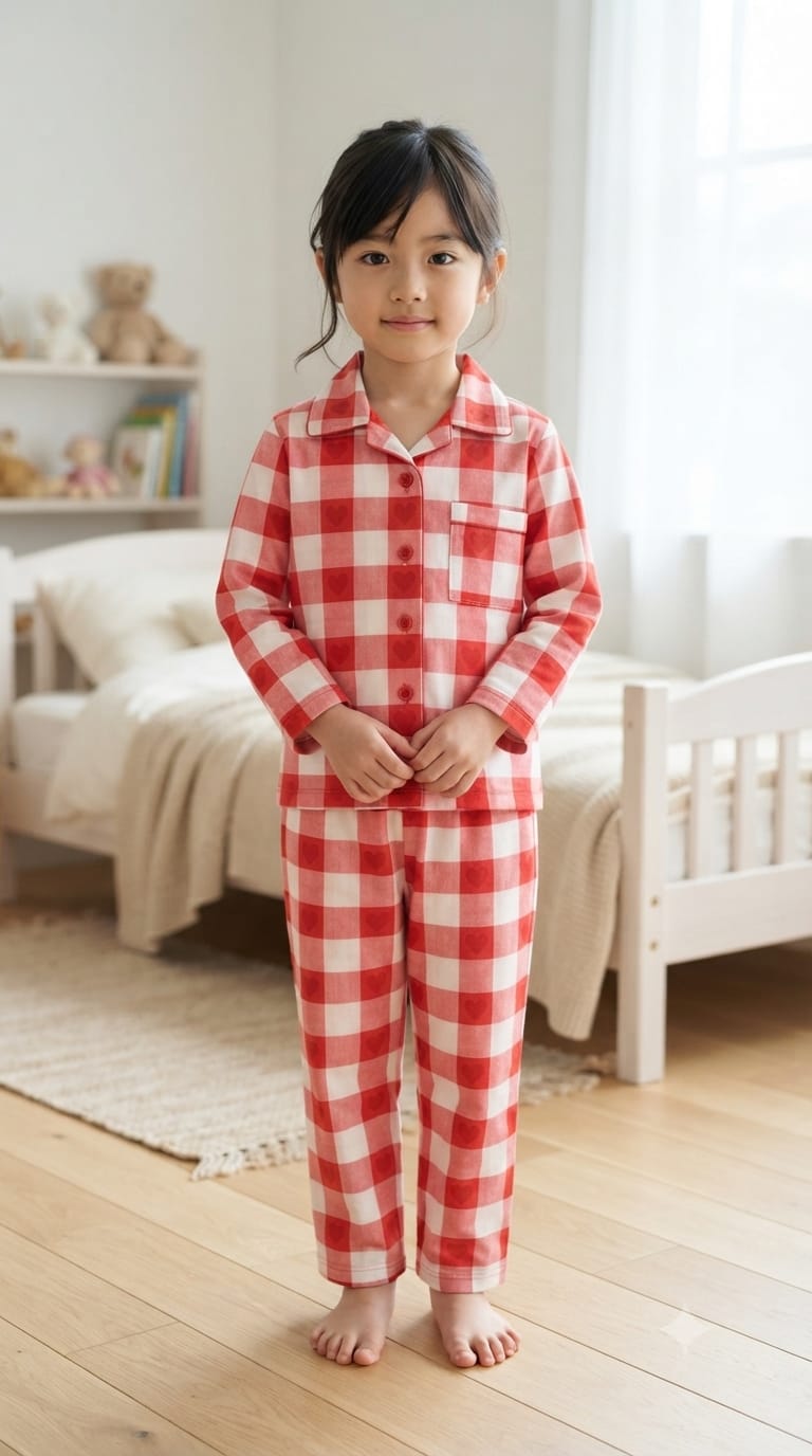 Sephani Girls Red & White Checkered Printed Night Suit Set | Full Sleeve Pajama Set