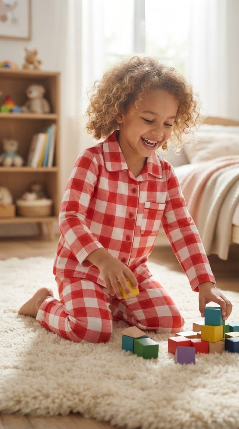 Sephani Girls Red & White Checkered Printed Night Suit Set | Full Sleeve Pajama Set