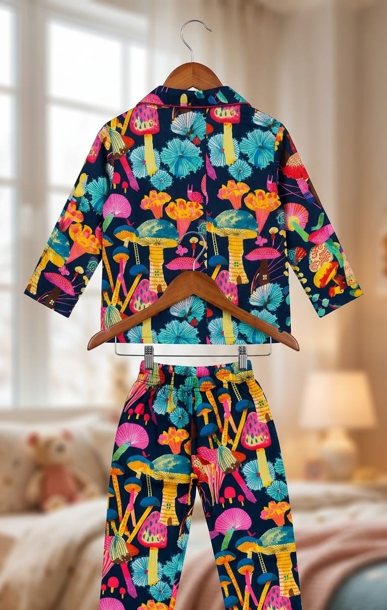 A two-piece children's pajama set featuring a vibrant mushroom print, displayed on wooden hangers against a softly blurred bedroom background.