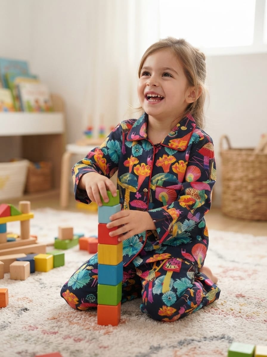 A young girl smiling while playing with colorful building blocks on a carpeted floor, wearing a dark navy pajama set with a vibrant multicolor floral and butterfly pattern.