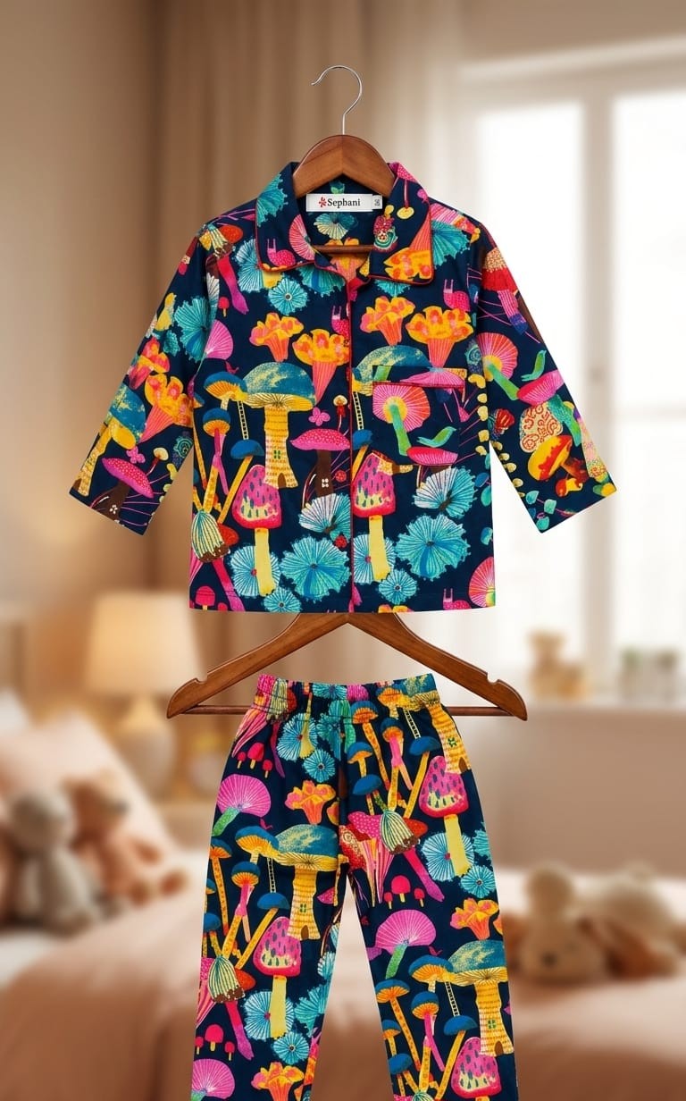A two-piece children's pajama set featuring a long-sleeve button-up shirt and matching pants, both decorated with a colorful mushroom print on a dark navy background. The set is displayed on wooden hangers against a softly blurred bedroom background.