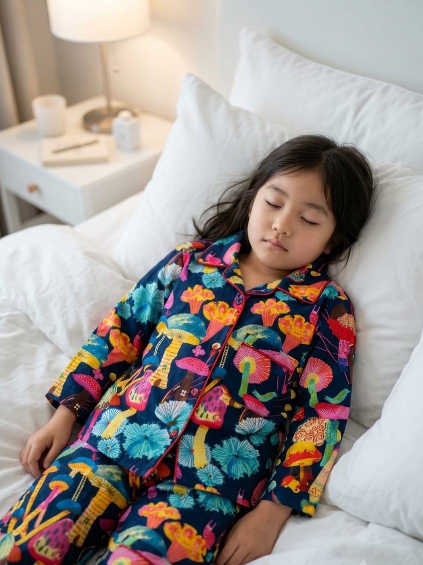 A child wearing a colorful pajama set with a vibrant mushroom print, lying on a bed with white pillows and sheets.