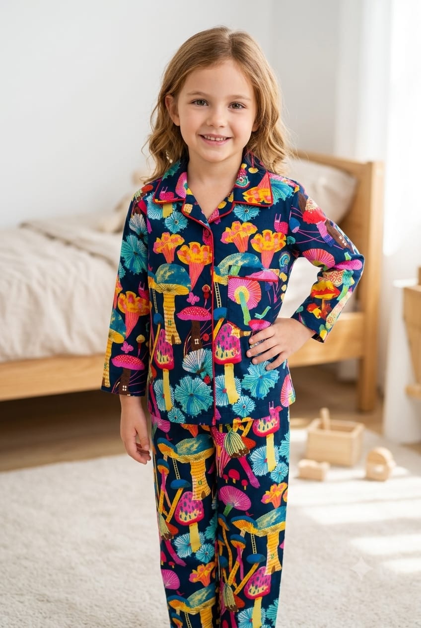 A young girl stands in a bedroom wearing a long-sleeve pajama set with a colorful mushroom print on a dark navy background. The pajamas feature a variety of bright mushroom designs in pink, orange, yellow, green, and blue.