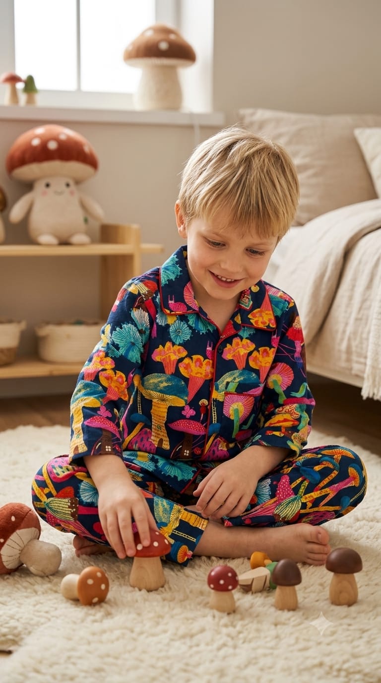 A young boy sitting cross-legged on a white rug in a child's bedroom, wearing a colorful pajama set with a vibrant mushroom and tree pattern. He is surrounded by small wooden toy mushrooms on the floor.