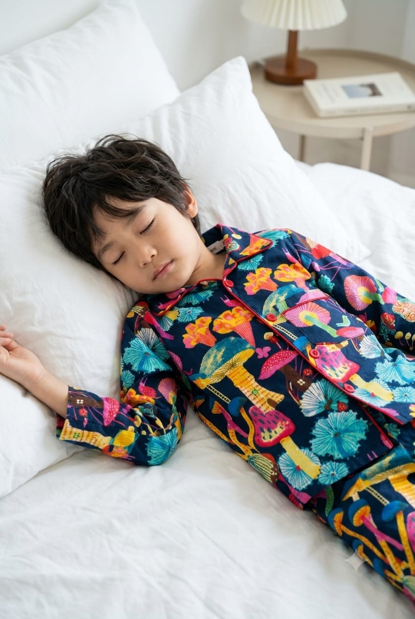 A young child sleeping peacefully on a white bed, wearing a long-sleeve pajama set with a vibrant, colorful tropical floral and insect pattern on a dark navy base.