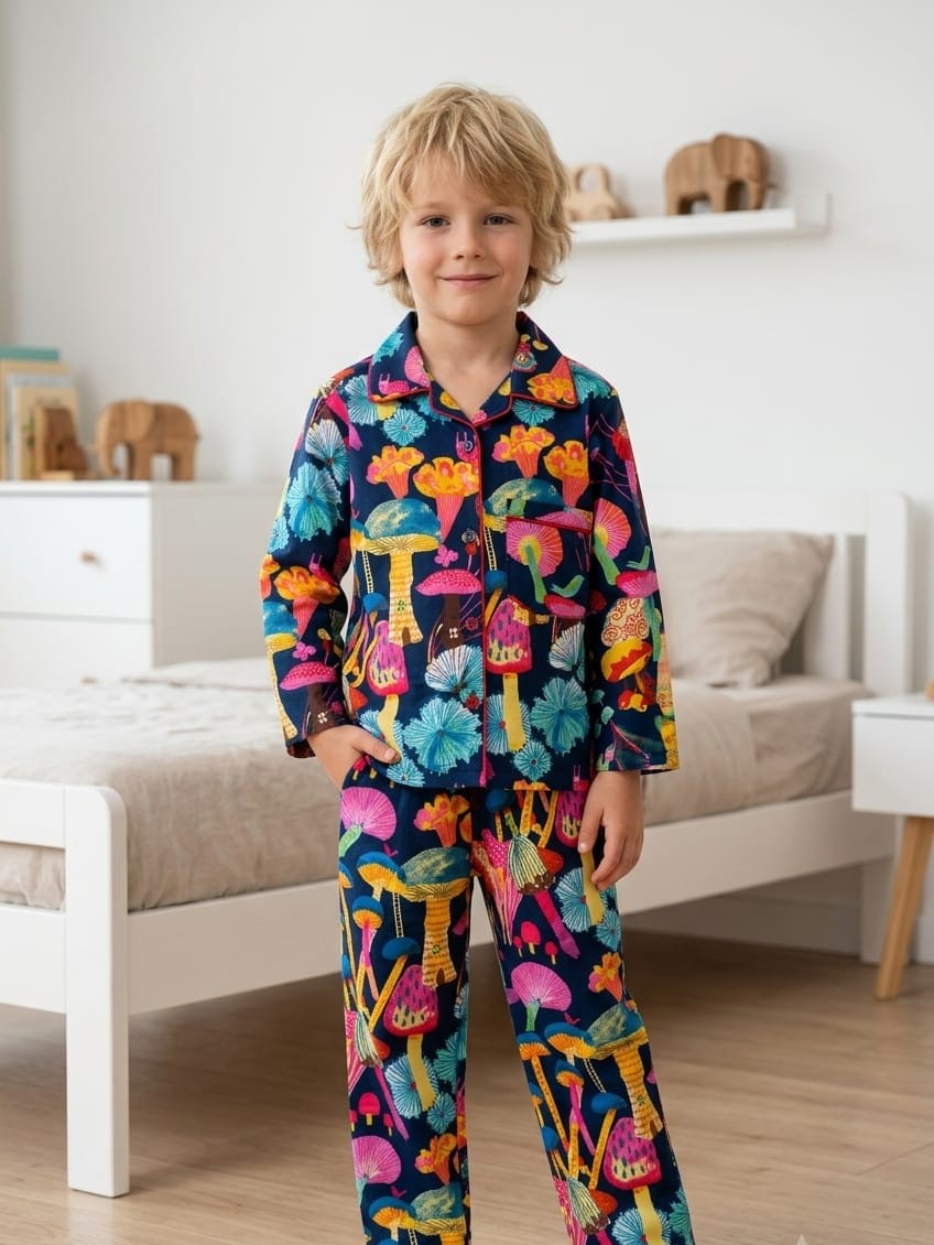 A young child wearing a long-sleeve pajama set with a colorful mushroom print, standing in a bright bedroom.
