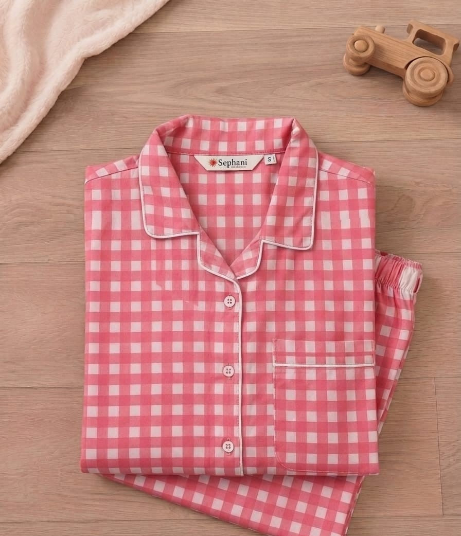 A folded pink and white gingham pajama set with a collar, button placket, and chest pocket, styled on a light wood surface with a small wooden toy car and a soft fabric corner.