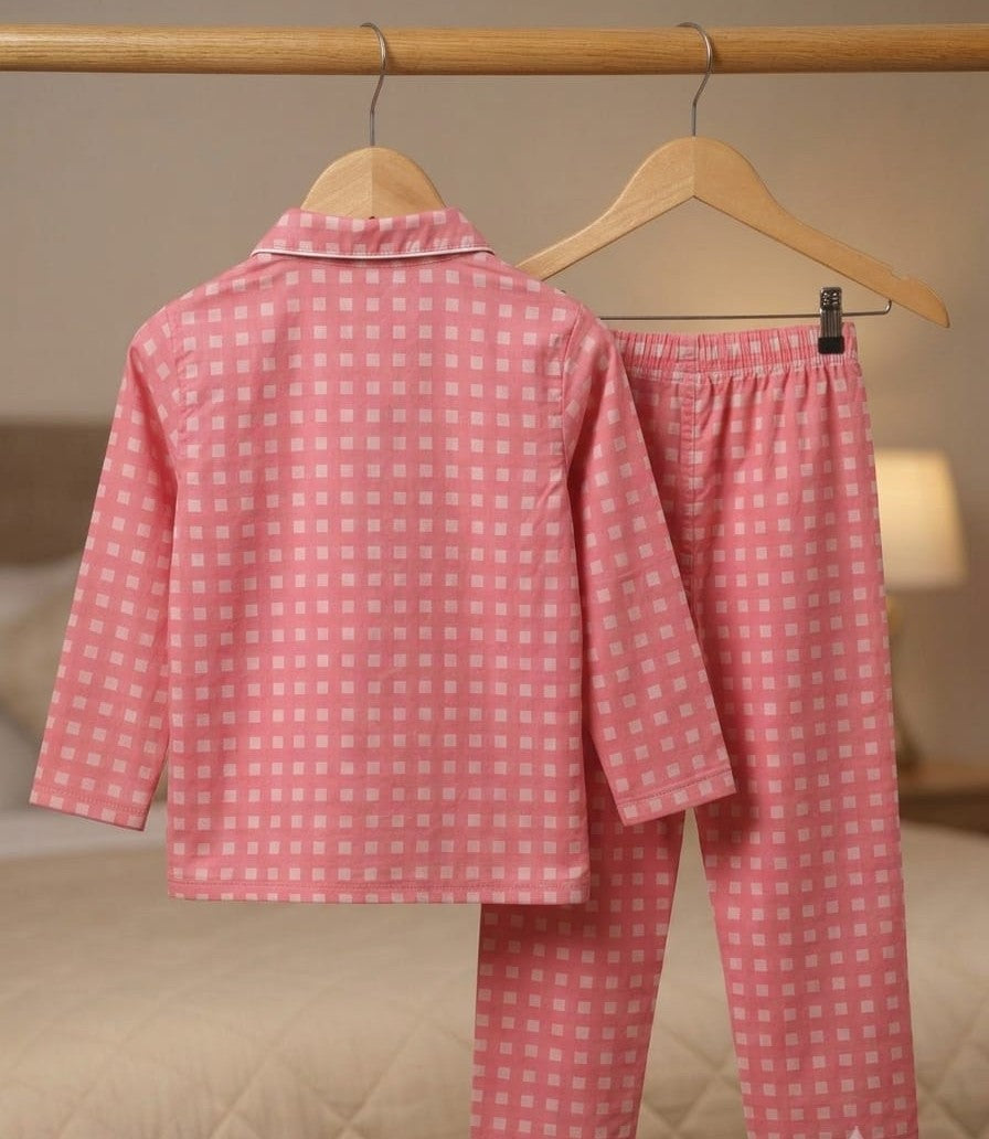A two-piece children's pajama set with a pink and white gingham checkered pattern, shown hanging on wooden hangers from a clothing rack in a softly lit bedroom setting.