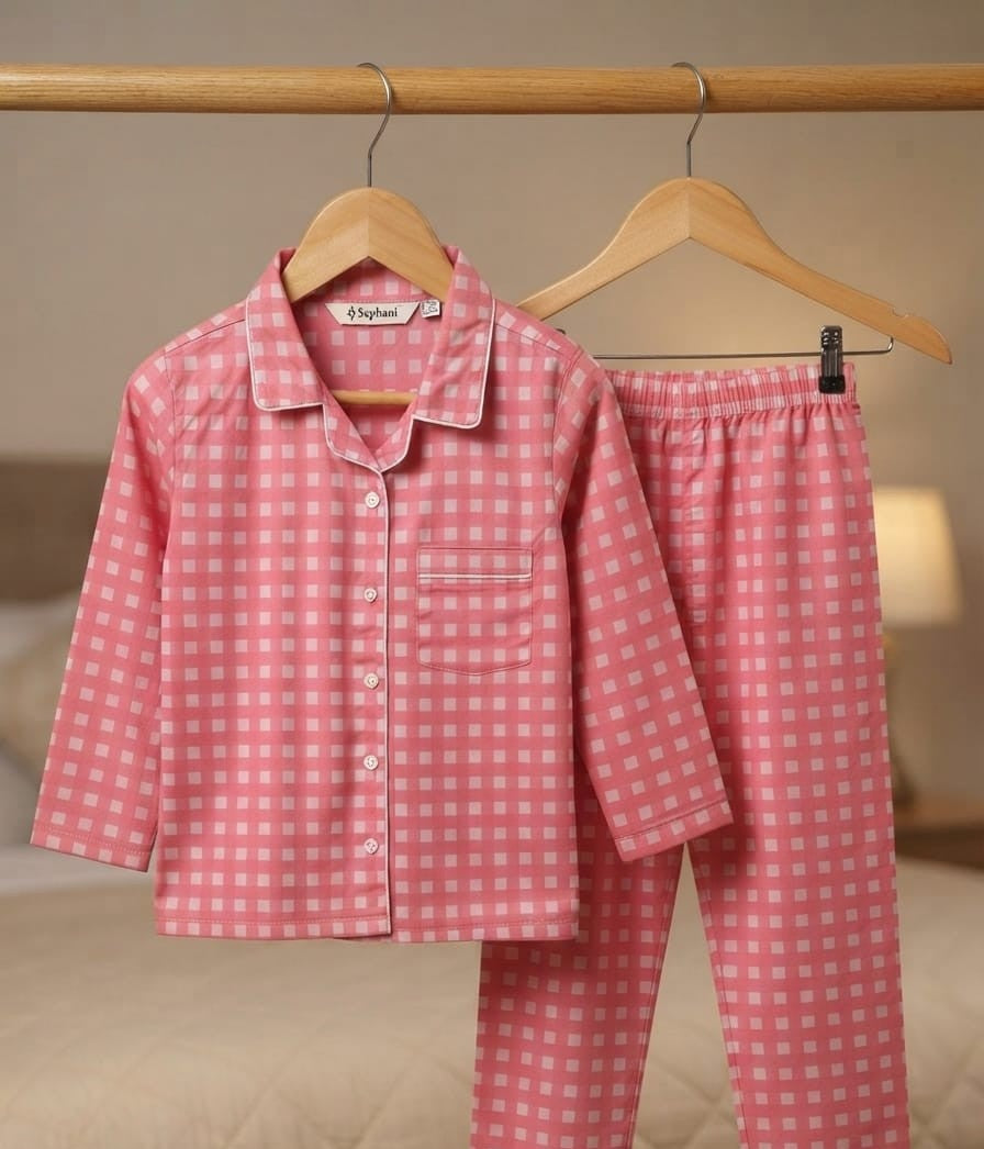 A two-piece children's pajama set with a pink and white gingham check pattern, hanging on wooden hangers from a clothing rack in a softly lit bedroom setting.