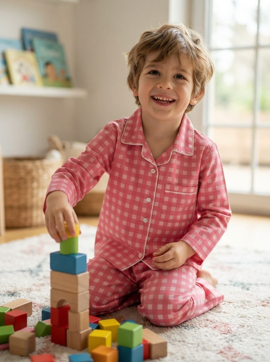 Sephani Boys Pink Checkered Printed Night Suit Set | Full Sleeve Pajama Set
