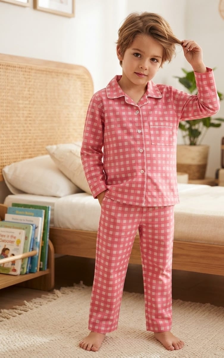 Sephani Boys Pink Checkered Printed Night Suit Set | Full Sleeve Pajama Set