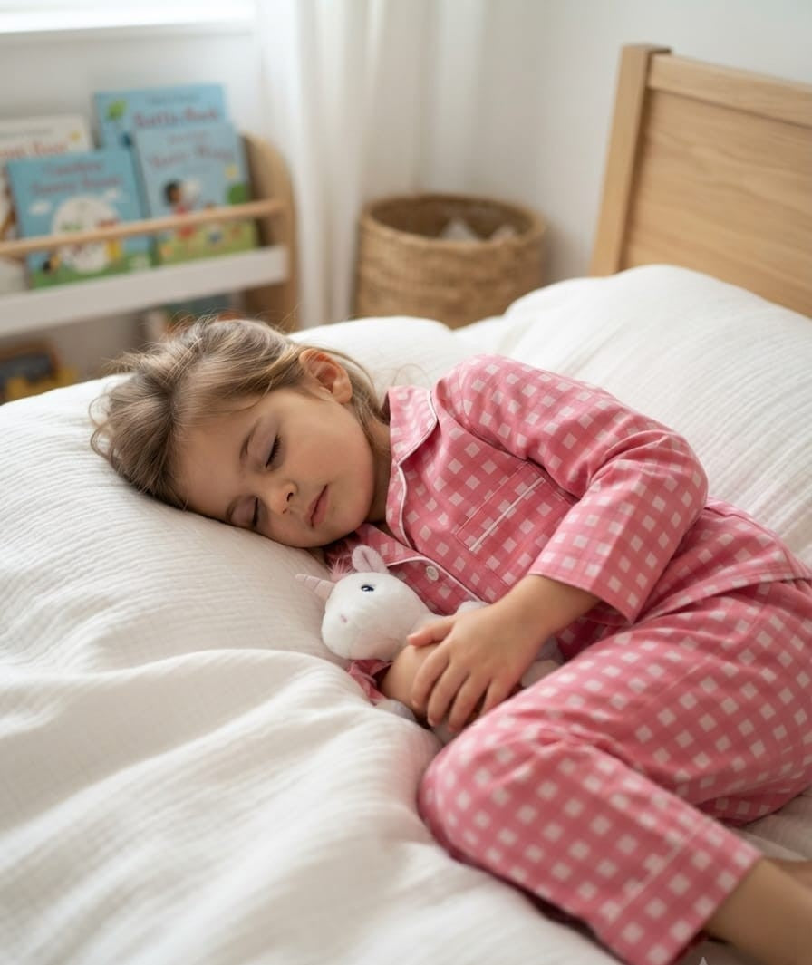 A young girl sleeping soundly on a white bed, wearing pink and white checkered pajamas and holding a white plush bunny toy.