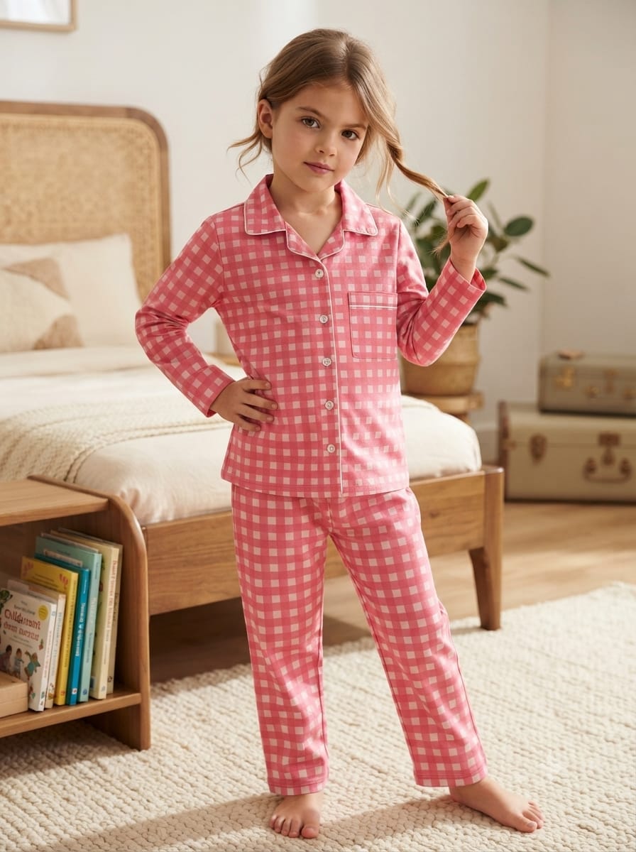 A young girl stands barefoot in a bedroom wearing a pink and white gingham long-sleeve pajama set with a button-up collar and matching pants.