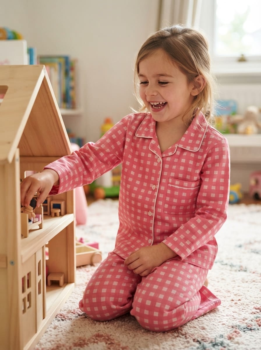 A young girl with blonde hair sits on a patterned rug in a playroom, smiling and playing with a wooden dollhouse. She is wearing pink and white gingham pajamas.