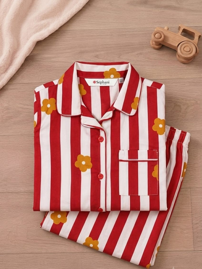 A folded red and white striped pajama set with yellow flower prints, displayed on a light wood surface next to a wooden toy car and a beige blanket. The brand label reads 'Sophani'.