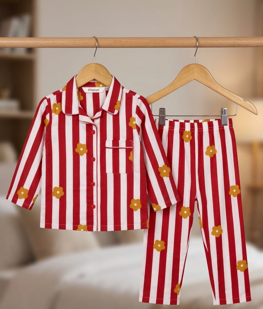 A two-piece children's pajama set hanging on wooden hangers from a clothing rack. The set features a long-sleeve button-up shirt and matching pants with red and white vertical stripes and small yellow flower prints.