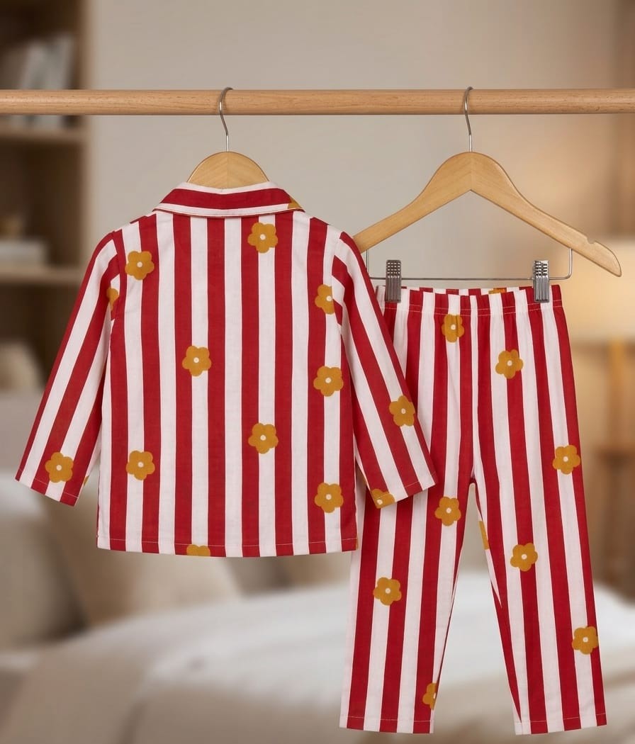 Sephani Girls Red & White Striped Floral Printed Night Suit Set | Full Sleeve Pajama Set