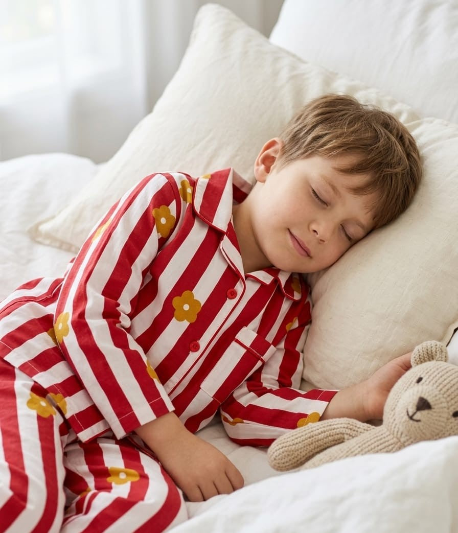 Sephani Boys Red & White Striped Floral Printed Night Suit Set | Full Sleeve Pajama Set