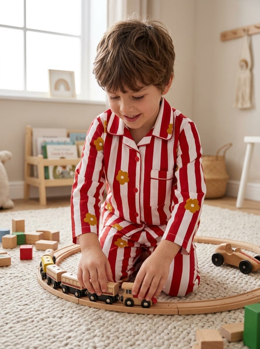 Sephani Boys Red & White Striped Floral Printed Night Suit Set | Full Sleeve Pajama Set