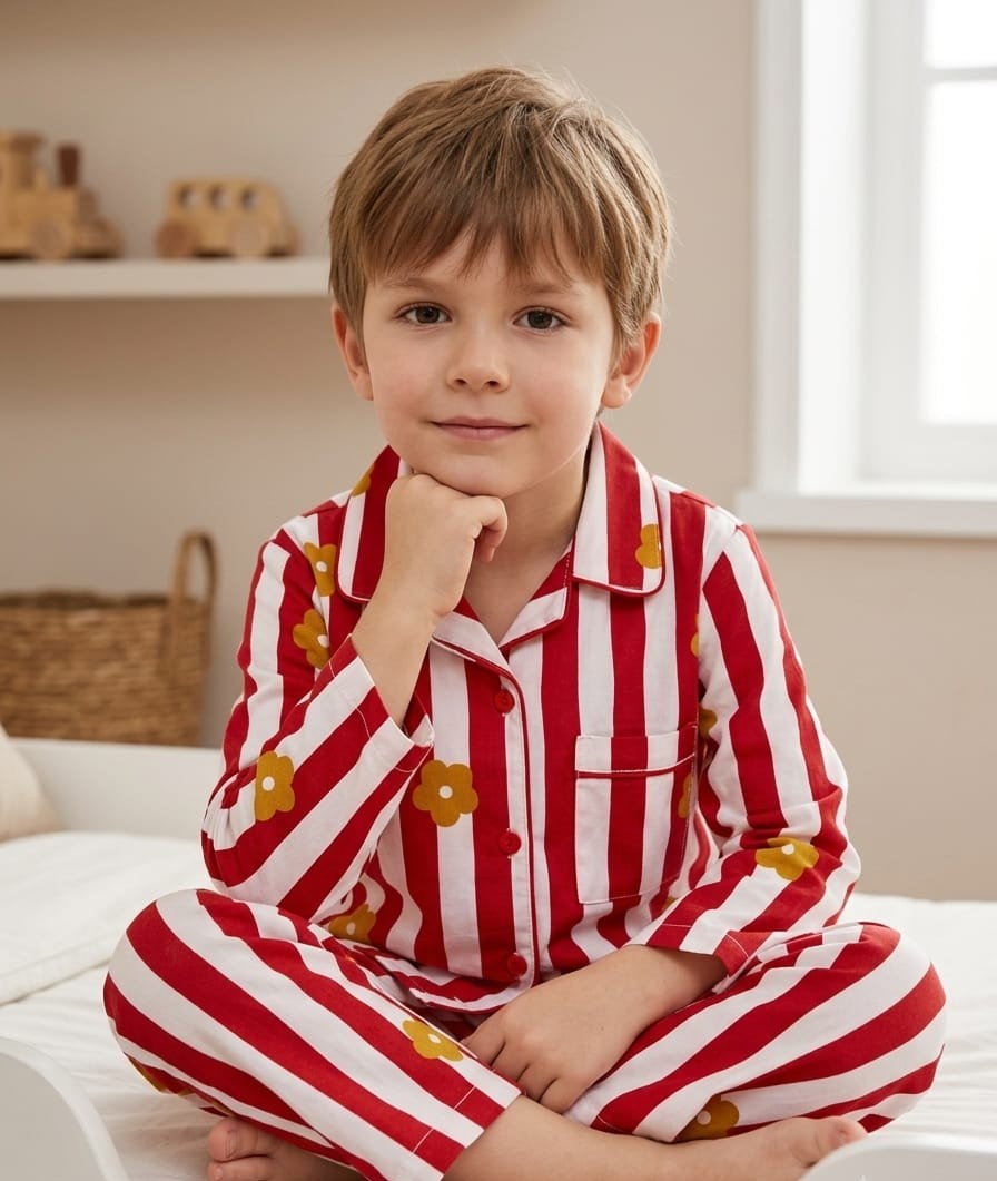 Sephani Boys Red & White Striped Floral Printed Night Suit Set | Full Sleeve Pajama Set