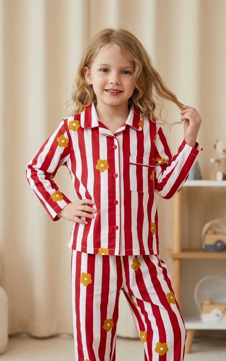 Sephani Girls Red & White Striped Floral Printed Night Suit Set | Full Sleeve Pajama Set