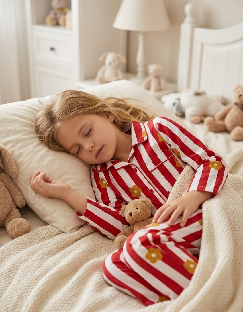 Sephani Girls Red & White Striped Floral Printed Night Suit Set | Full Sleeve Pajama Set