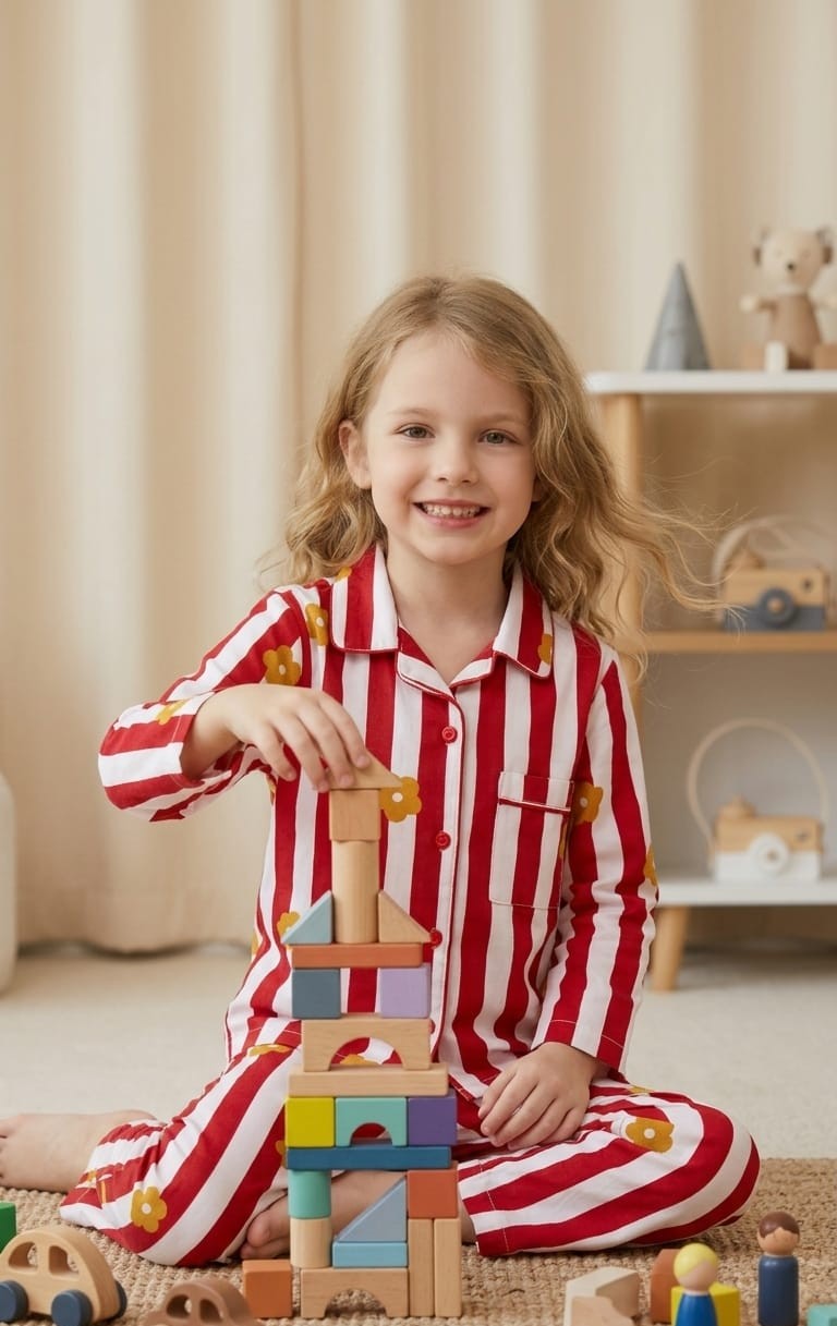 Sephani Girls Red & White Striped Floral Printed Night Suit Set | Full Sleeve Pajama Set