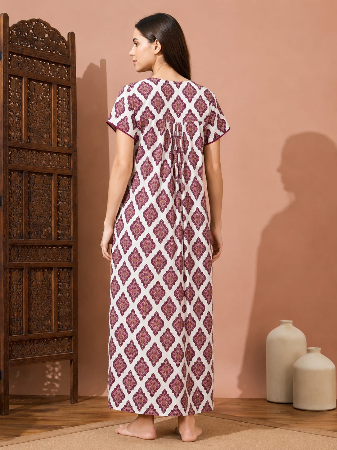 Sephani Women's Wine Printed Cotton Full Length Nightgown | Soft Short Sleeve Maxi Night Dress