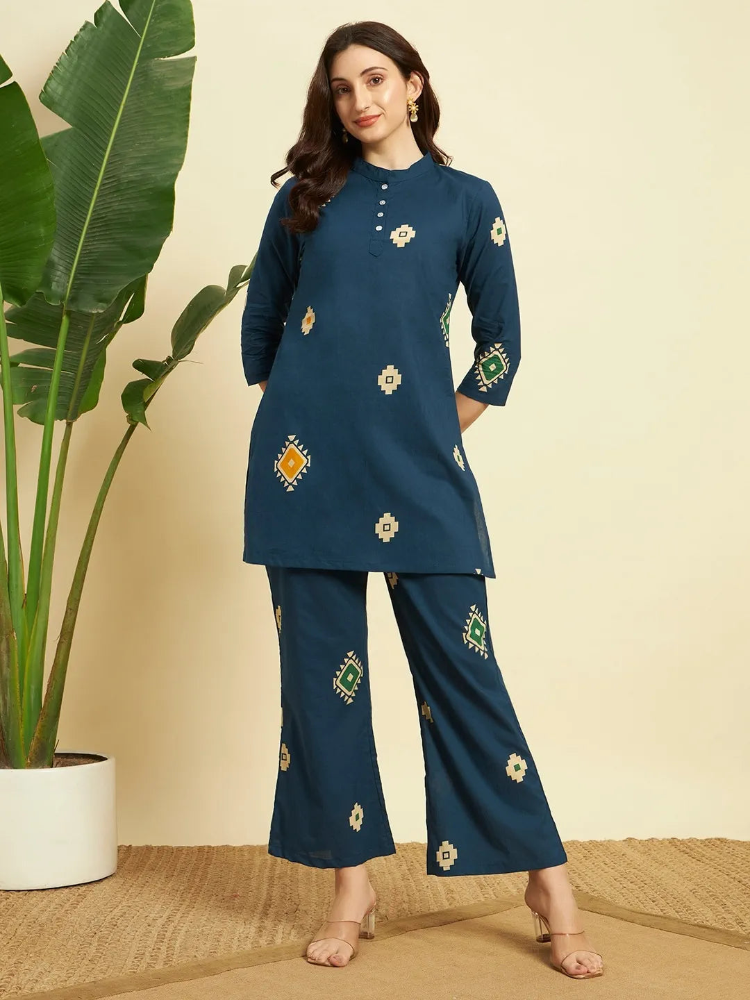 💙 Women Printed Kurta Pant Set – Teal Blue Ethnic Co-ord Set